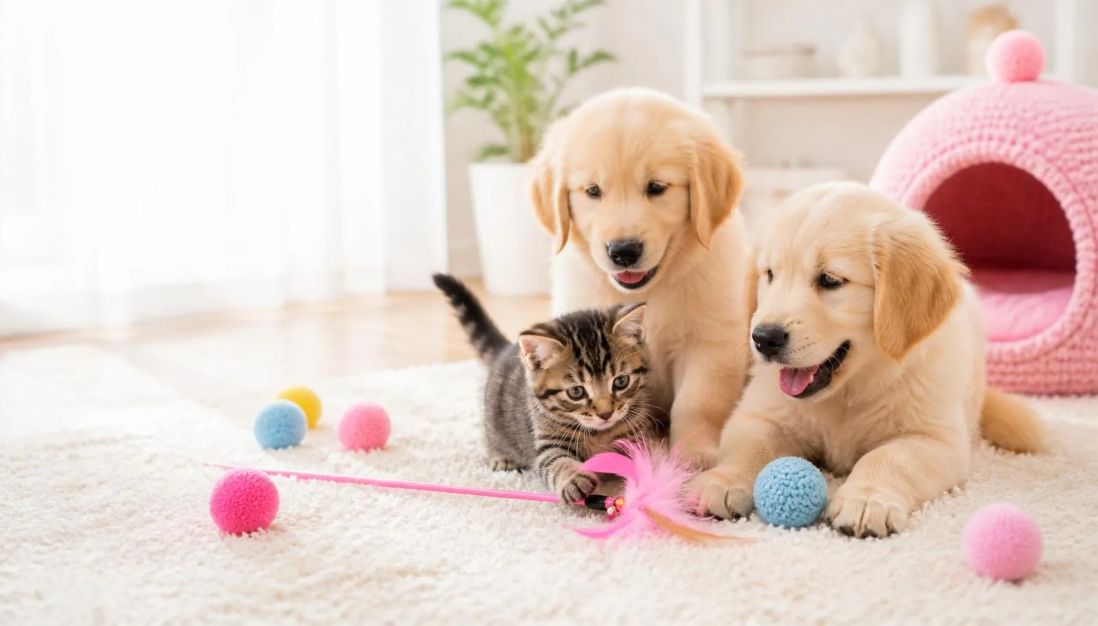 Honden en katten samen in een licht, modern interieur